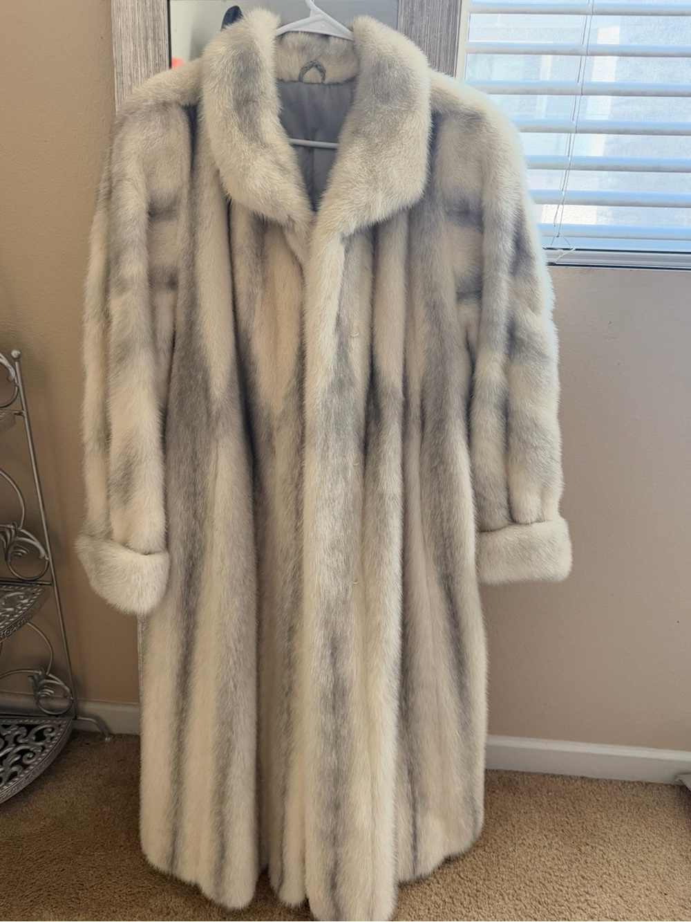 Saga Furs Ivory and Light Gray Long cross mink Fur Coat